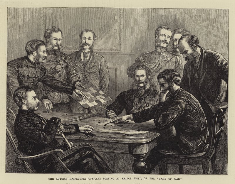 Las maniobras de otoño, oficiales jugando a Kriegs Spiel, o el juego de la guerra de Joseph Nash