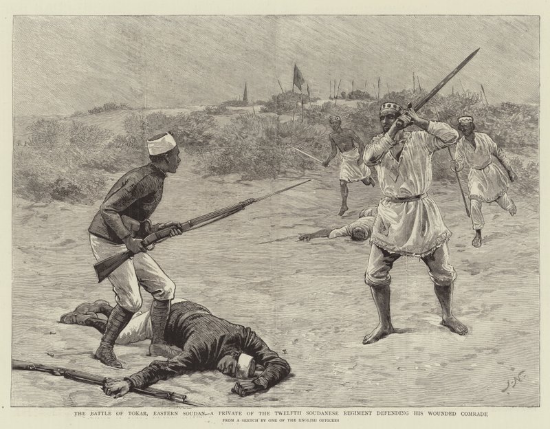 La Batalla de Tokar, Sudán Oriental, un Soldado del Duodécimo Regimiento Sudanés defendiendo a su Compañero Herido de Joseph Nash