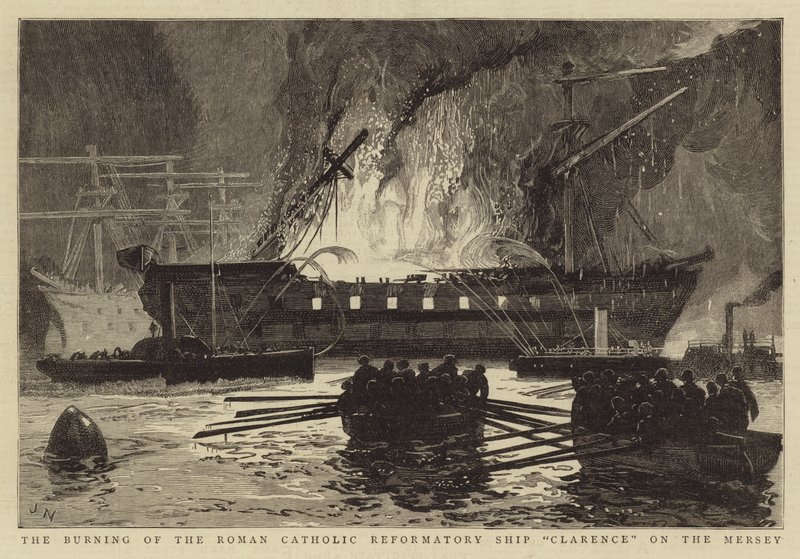 El incendio del barco reformatorio católico romano Clarence en el Mersey de Joseph Nash