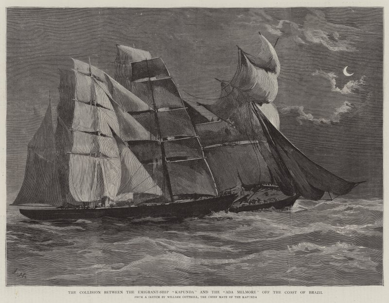 La colisión entre el barco de emigrantes Kapunda y el Ada Melmore frente a la costa de Brasil de Joseph Nash