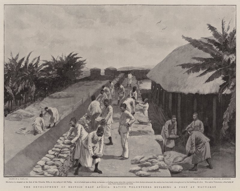 El Desarrollo de África Oriental Británica, Voluntarios Nativos construyendo un Fuerte en Machakos de Joseph Nash