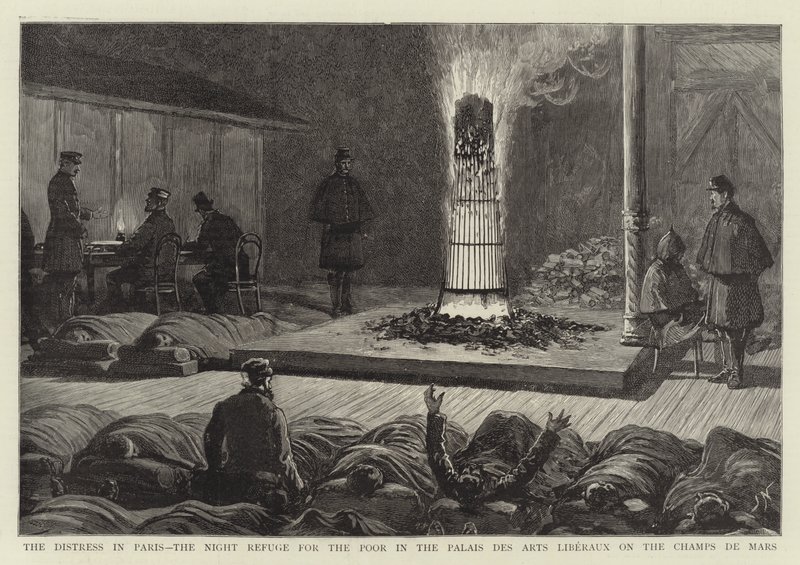 La angustia en París, el refugio nocturno para los pobres en el Palais des Arts Liberaux en los Campos de Marte de Joseph Nash