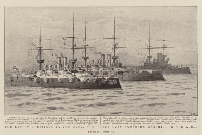 Las últimas adiciones a la Marina, los tres buques de guerra más poderosos del mundo de Joseph Nash
