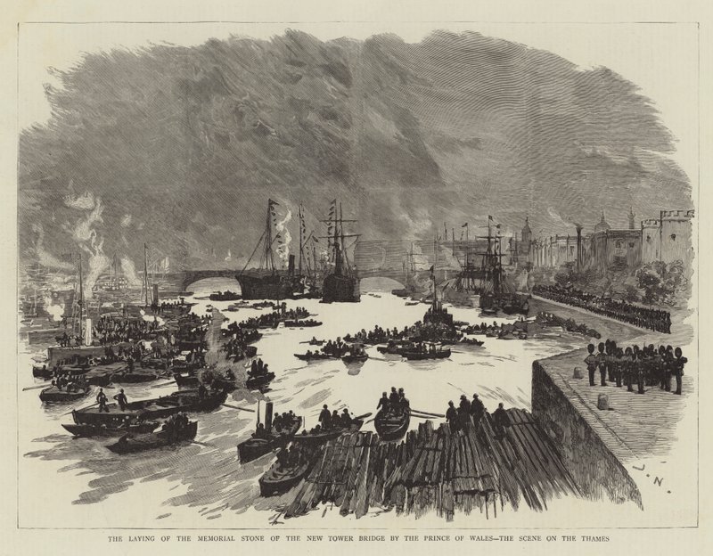 La colocación de la piedra conmemorativa del nuevo Tower Bridge por el Príncipe de Gales, la escena en el Támesis de Joseph Nash