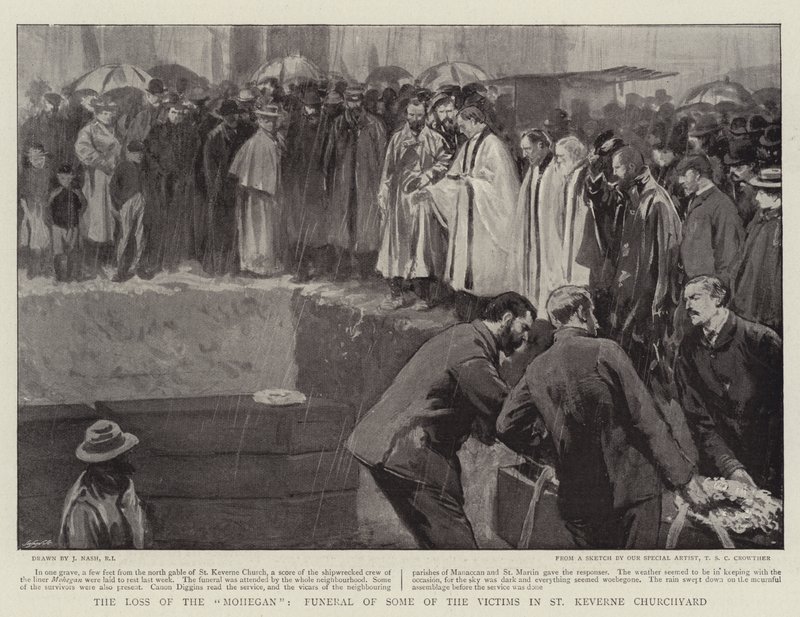 La pérdida del Mohegan, funeral de algunas de las víctimas en el cementerio de St Keverne de Joseph Nash