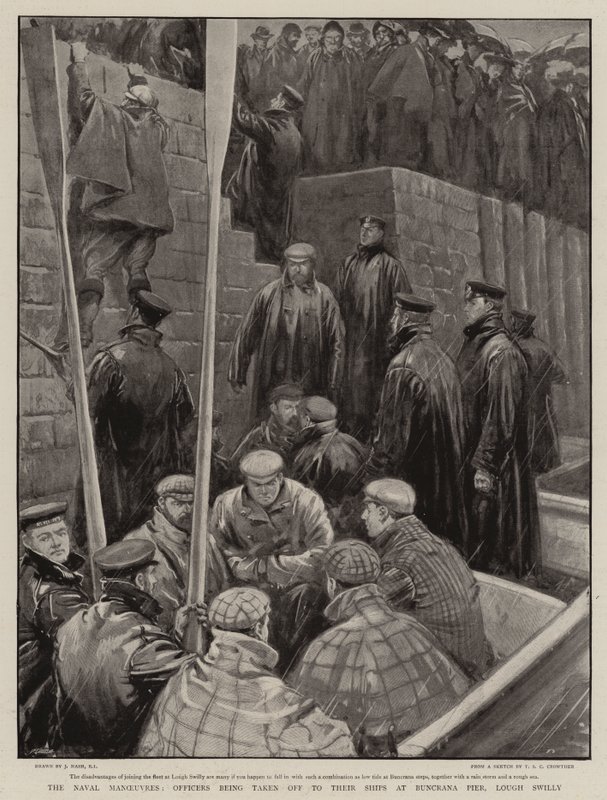 Las maniobras navales, oficiales siendo llevados a sus barcos en el muelle de Buncrana, Lough Swilly de Joseph Nash