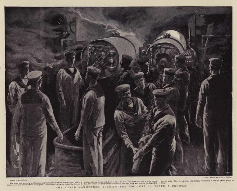 Las maniobras navales, cargando los grandes cañones a bordo de un crucero de Joseph Nash
