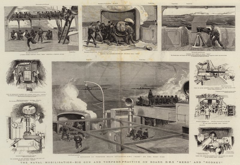 La movilización naval, práctica de cañones grandes y torpedos a bordo del H.M.S. Hero y Rodney de Joseph Nash