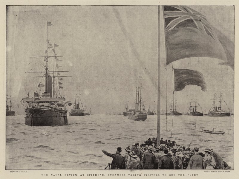 La revisión naval en Spithead, vapores llevando visitantes a ver la flota de Joseph Nash