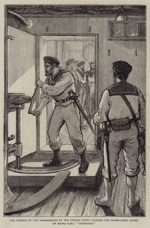 El paso de los Dardanelos por la flota británica, cerrando las puertas herméticas a bordo del HMS Temeraire de Joseph Nash