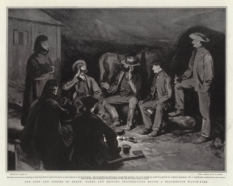 La pipa y el café de la paz, bóers y británicos fraternizando alrededor de una hoguera de vigilancia de Joseph Nash