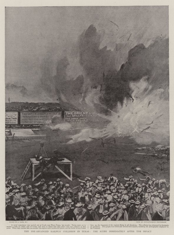 La colisión ferroviaria preestablecida en Texas, la escena inmediatamente después del impacto de Joseph Nash