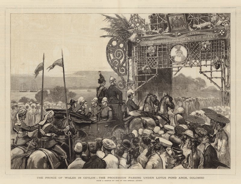 El príncipe de Gales en Ceilán, la procesión pasando bajo el Arco del Estanque de Loto, Colombo de Joseph Nash