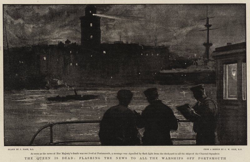 La Reina está Muerta, transmitiendo la Noticia a todos los Buques de Guerra en Portsmouth de Joseph Nash