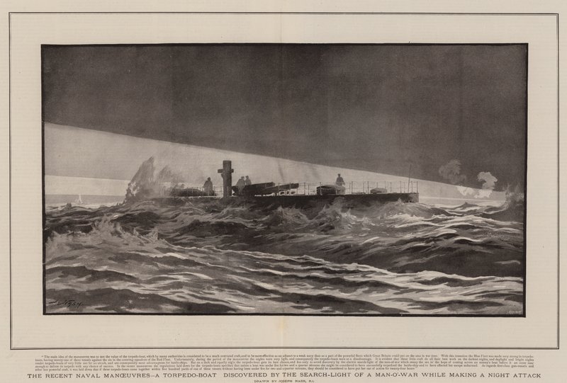 Las recientes maniobras navales, un torpedero descubierto por el reflector de un buque de guerra mientras realizaba un ataque nocturno de Joseph Nash