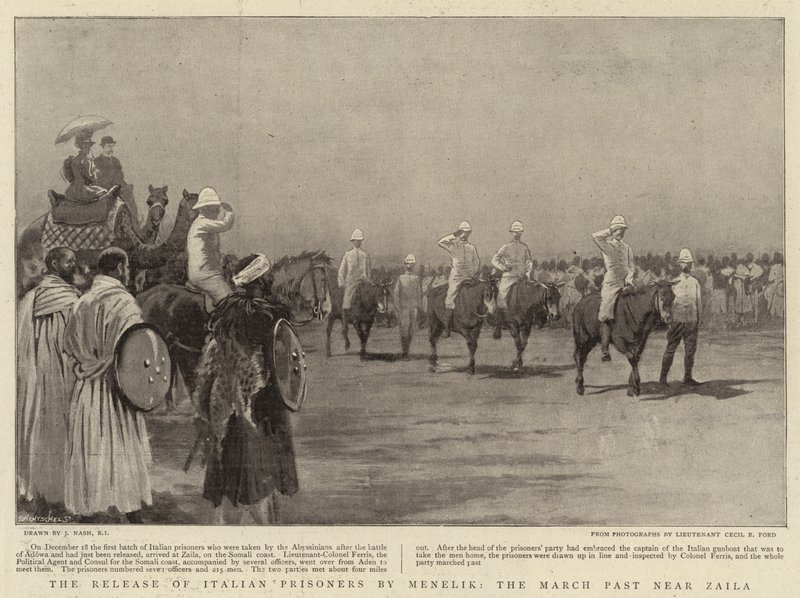 La liberación de prisioneros italianos por Menelik, el desfile cerca de Zaila de Joseph Nash