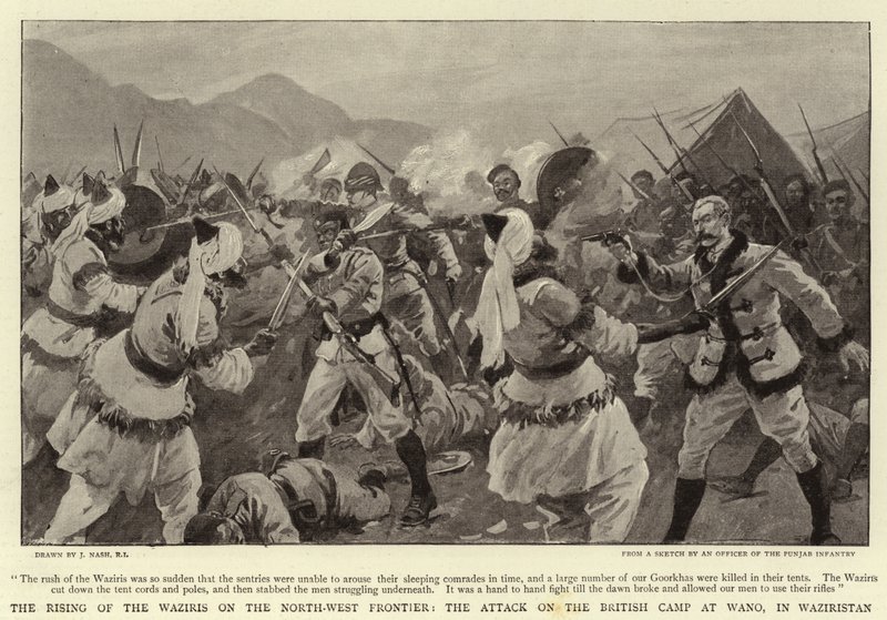 El levantamiento de los Waziris en la frontera noroeste, el ataque al campamento británico en Wano, en Waziristán de Joseph Nash