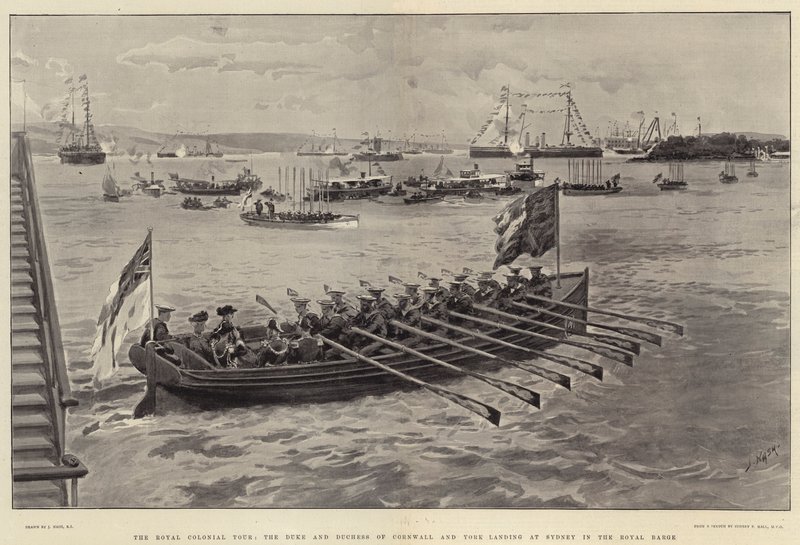 El Tour Real Colonial, el Duque y la Duquesa de Cornualles y York desembarcando en Sídney en la Barca Real de Joseph Nash