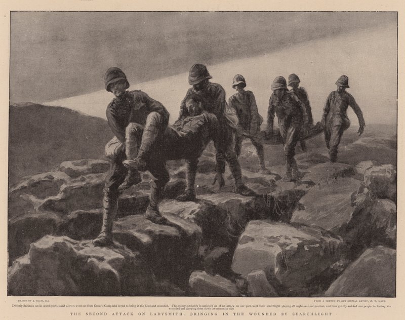 El segundo ataque a Ladysmith, trayendo a los heridos con reflector de Joseph Nash