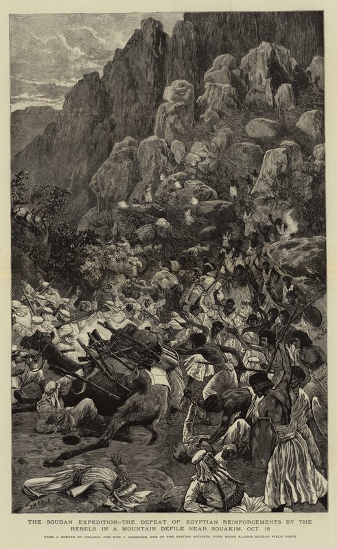 La expedición al Sudán, la derrota de los refuerzos egipcios por los rebeldes en un desfiladero montañoso cerca de Souakim, 18 de octubre de Joseph Nash