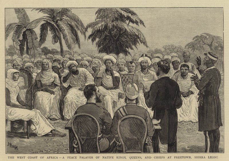 La costa oeste de África, una palaver de paz de reyes, reinas y jefes nativos en Freetown, Sierra Leona de Joseph Nash
