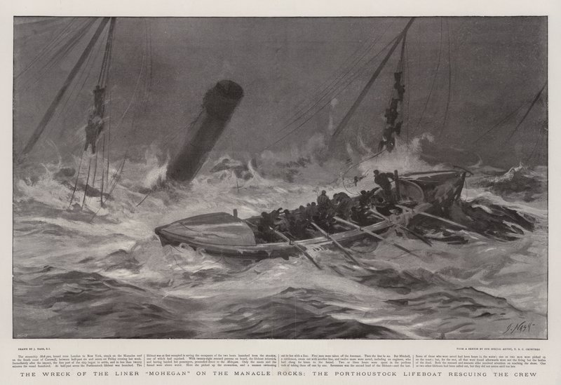 El naufragio del transatlántico Mohegan en las rocas Manacle, el bote salvavidas de Porthoustock rescatando a la tripulación de Joseph Nash