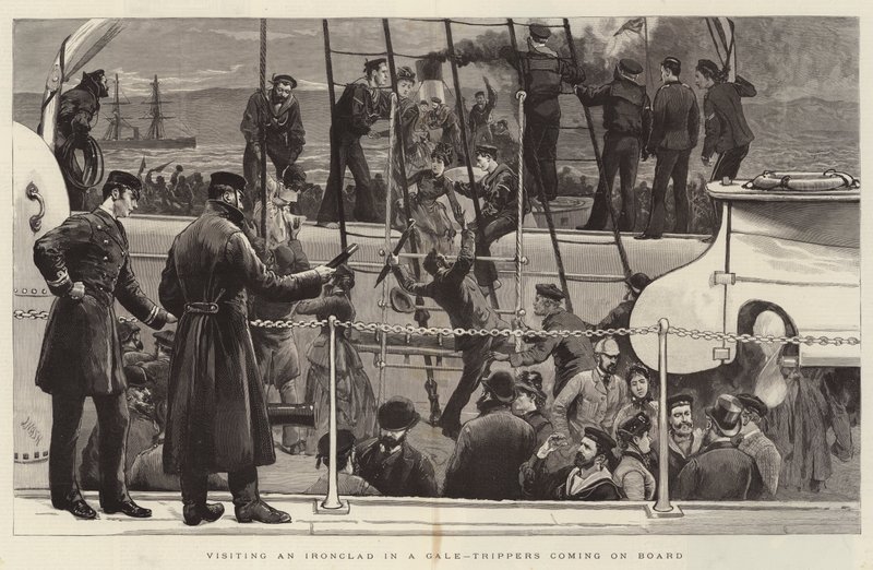 Visitando un acorazado en una tormenta, excursionistas subiendo a bordo de Joseph Nash