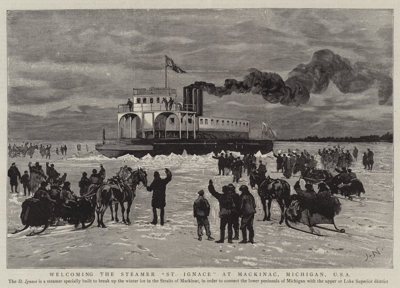 Dando la bienvenida al vapor St Ignace en Mackinac, Michigan, EE.UU. de Joseph Nash