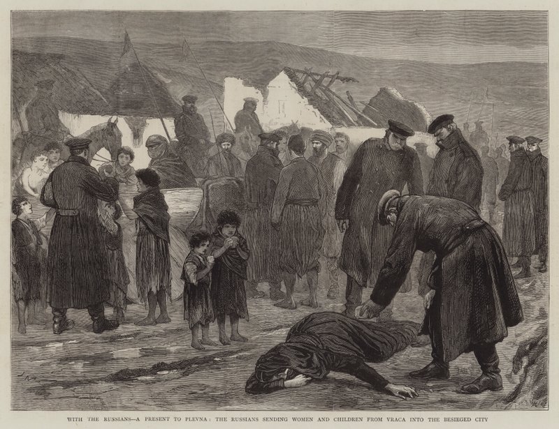 Con los rusos, un regalo para Plevna, los rusos enviando mujeres y niños desde Vraca a la ciudad sitiada de Joseph Nash
