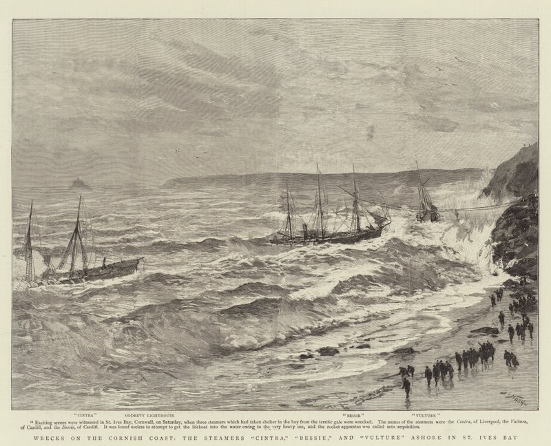 Naufragios en la costa de Cornualles, los vapores Cintra, Bessie y Vulture encallados en la bahía de St Ives de Joseph Nash