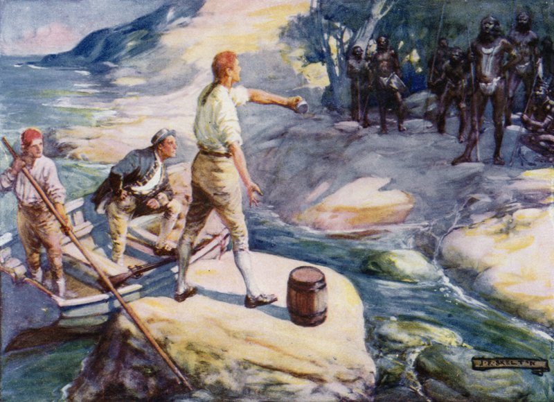 George Bass y Matthew Flinders encuentran un grupo de aborígenes, Australia, 1790s de Joseph Ratcliffe Skelton