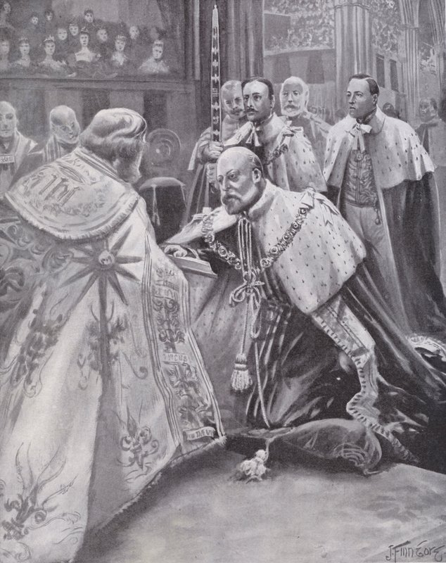 El rey Eduardo VII tomando el juramento en su coronación, Abadía de Westminster, Londres de Joseph (after) Finnemore