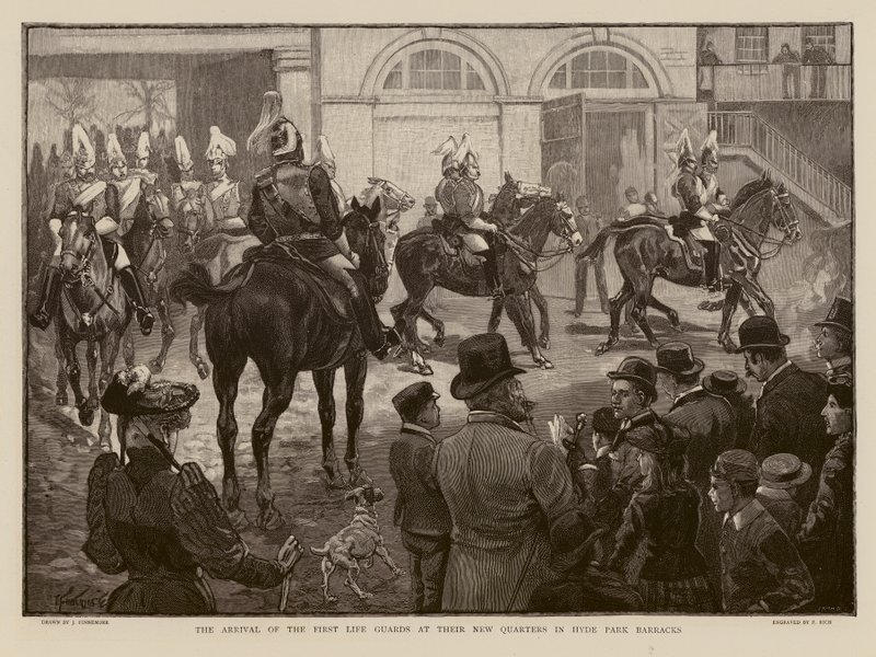 Guardias de la Vida llegando a su nuevo cuartel en Hyde Park, Londres (grabado) de Joseph (after) Finnemore
