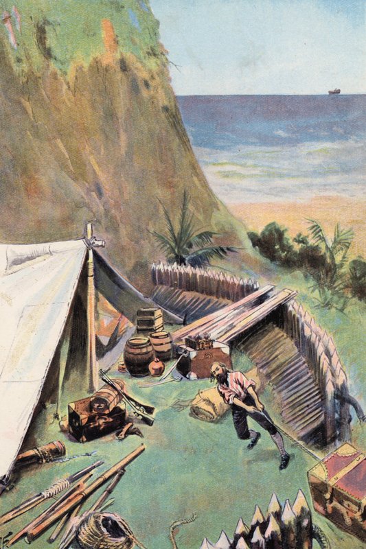 Robinson Crusoe: Colecciono mis tiendas (litografia en color) de Joseph (after) Finnemore