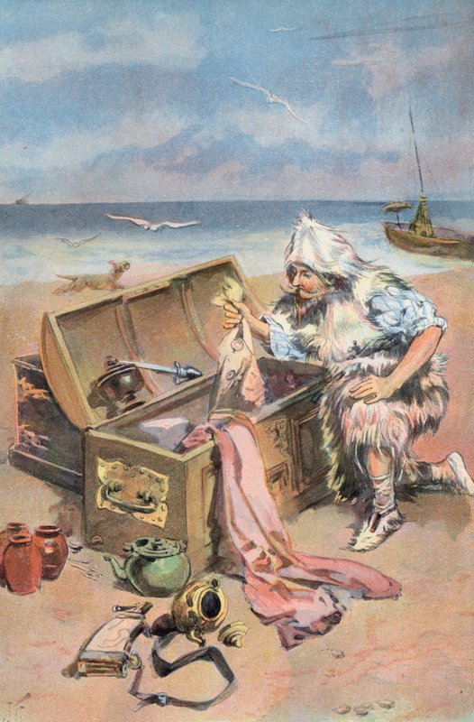 Robinson Crusoe: Examino los cofres (litografia en color) de Joseph (after) Finnemore