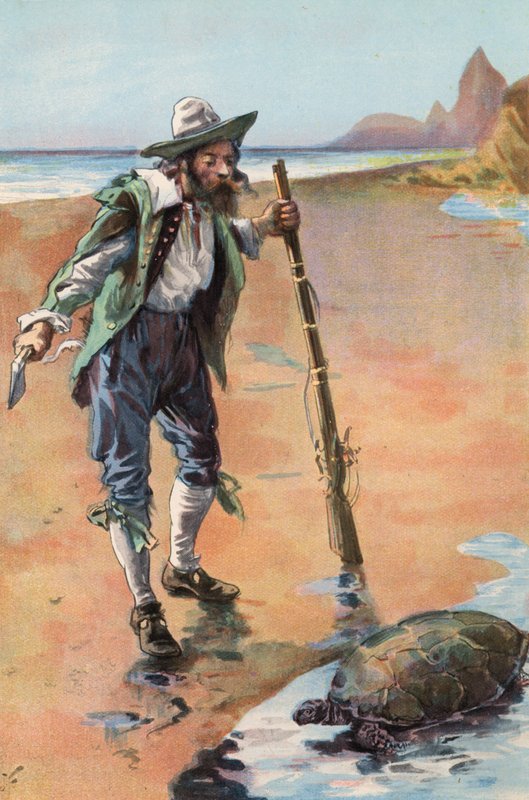 Robinson Crusoe: Encuentro una tortuga (litografia en color) de Joseph (after) Finnemore