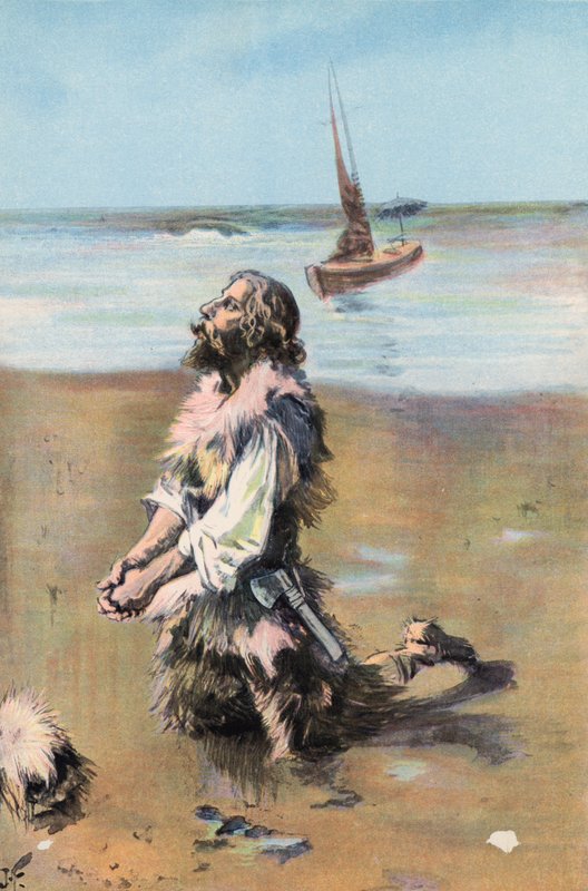 Robinson Crusoe: Doy gracias por mi liberación (litografia en color) de Joseph (after) Finnemore