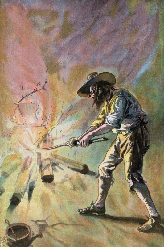 Robinson Crusoe: Hago vasijas (litografia en color) de Joseph (after) Finnemore