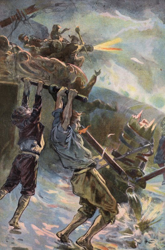 Robinson Crusoe: Trabajo en la bomba (litografia en color) de Joseph (after) Finnemore