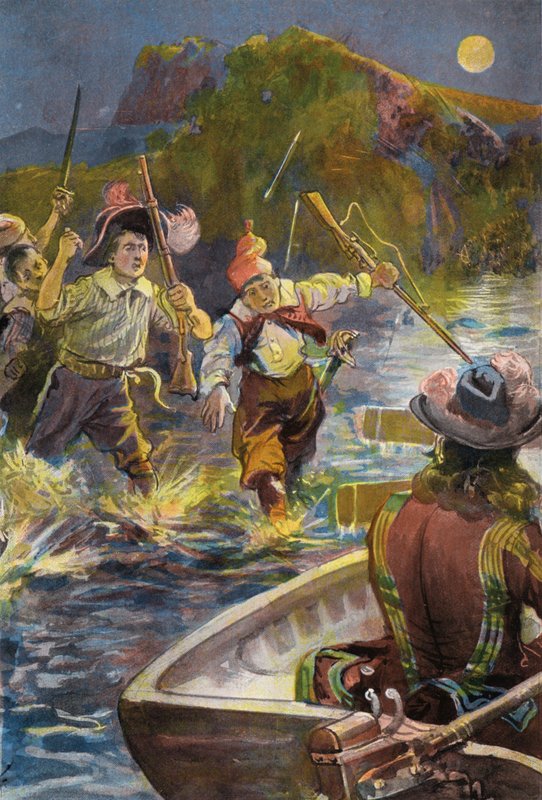 Robinson Crusoe: Nuestros hombres corren hacia los barcos (litografia en color) de Joseph (after) Finnemore