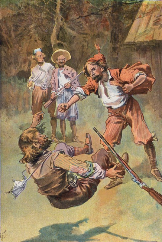 Robinson Crusoe: El español, de un puñetazo, lo tumbó (litografia color) de Joseph (after) Finnemore