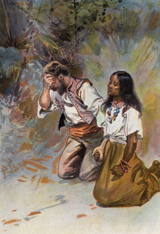 Robinson Crusoe: Ambos se arrodillaron juntos (litografia en color) de Joseph (after) Finnemore