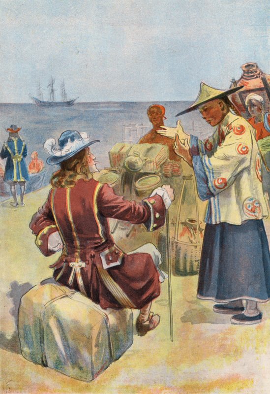 Robinson Crusoe: Comercio con comerciantes chinos (litografia en color) de Joseph (after) Finnemore