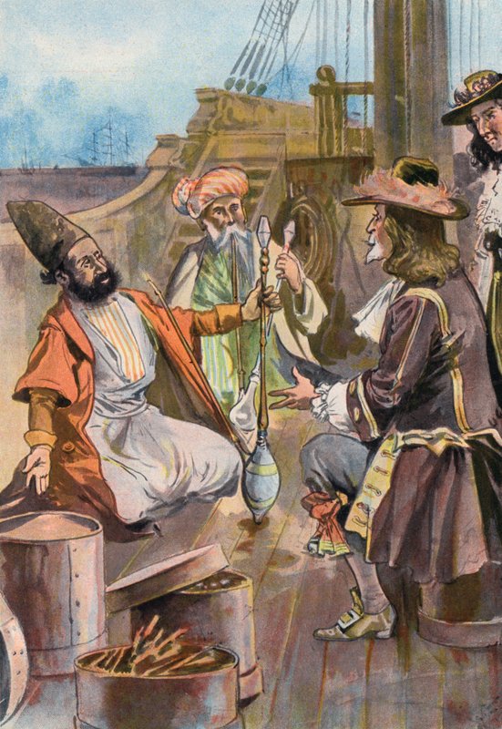 Robinson Crusoe: Vendemos nuestra especia a comerciantes persas (litografia en color) de Joseph (after) Finnemore