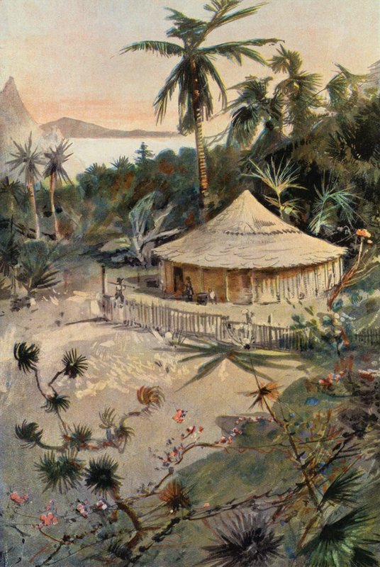 Robinson Crusoe: la tienda de campaña de Will Atkins (litografia en color) de Joseph (after) Finnemore