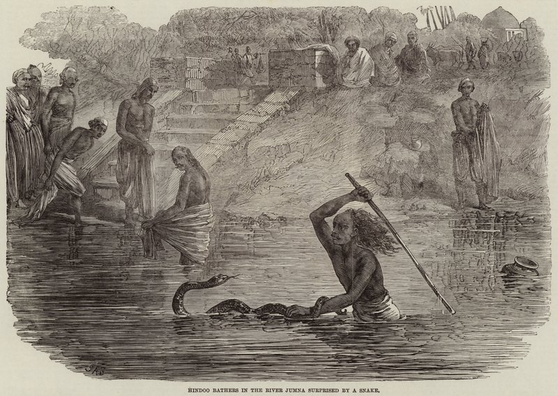 Bañistas hindúes en el río Jumna sorprendidos por una serpiente de Joseph Austin Benwell