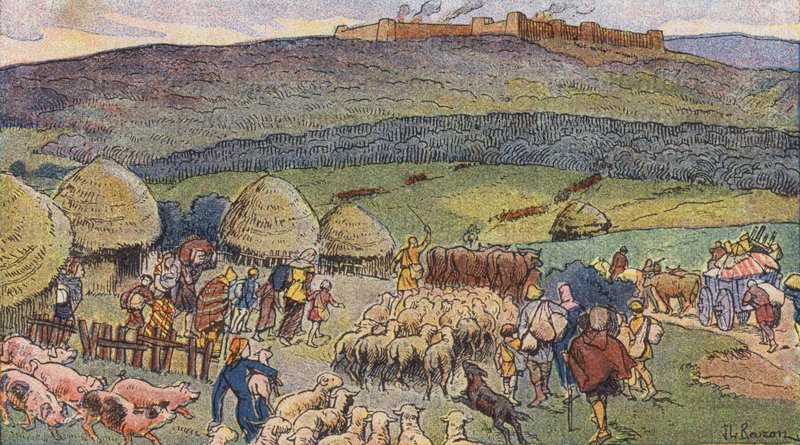 Bibracte, ciudad de la Galia habitada por herreros y lugar de refugio en tiempos de peligro (litografía en color) de Joseph Beuzon