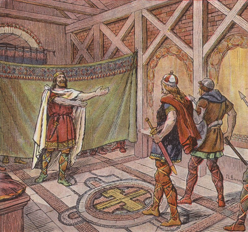 Chlothar I ve los pies de los asesinos que su hermano Teuderico ordenó matar (litografía en color) de Joseph Beuzon
