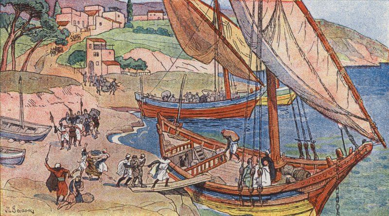 Sarracenos saqueando en las costas del Mediterráneo (litografía en color) de Joseph Beuzon