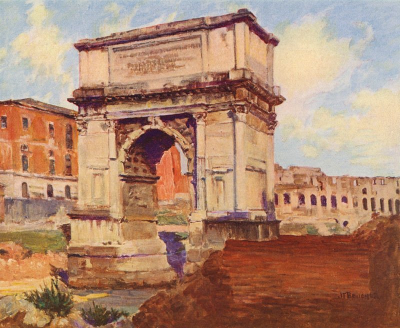 Roma: El Foro, El Arco de Tito, El Coliseo (litografía en color) de Joseph Felix Bouchor